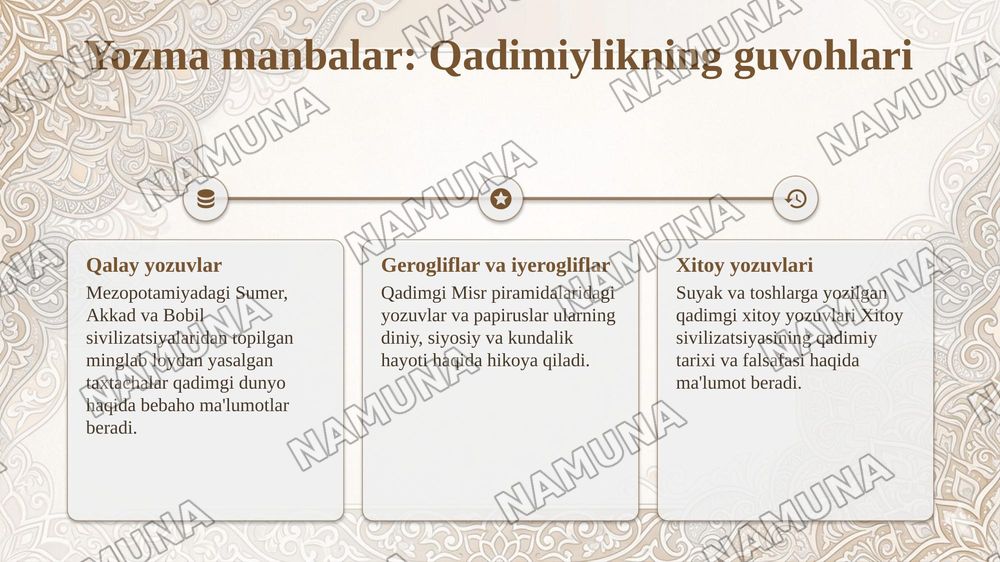 Qadimgi sharq tarixi kirish.Manbashunoslik va tarix shunosligi.
Reja 
1.Qadimgi sharq tushunchasi
2.Yozma manbalar
3.Arxeologik tadqiqotlar tarixi
4.Tarix shunoslik — taqdimot, 5-slayd