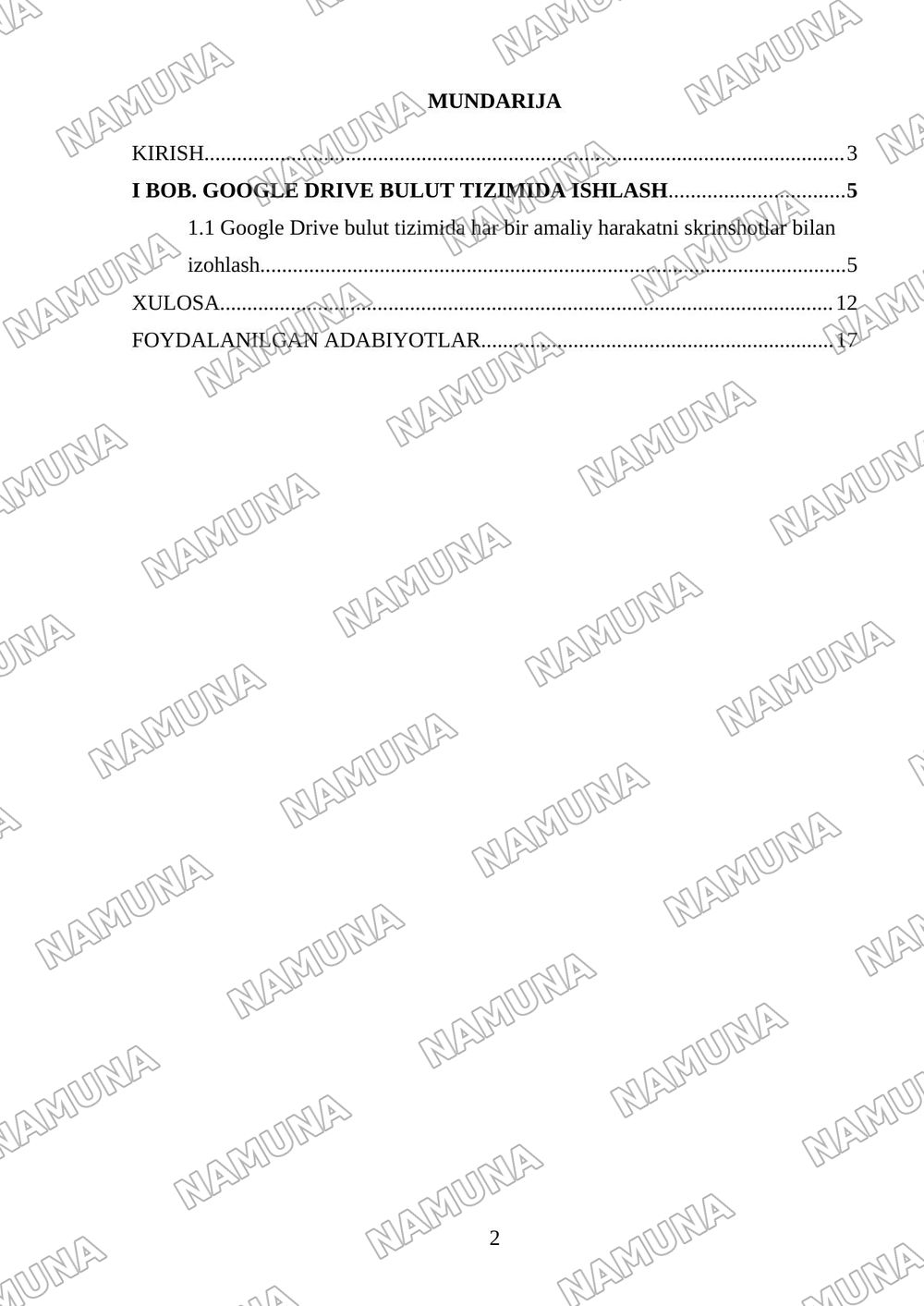 GoogleDrive Bulut tizimida ishlash — kurs ishi, 2-varaq