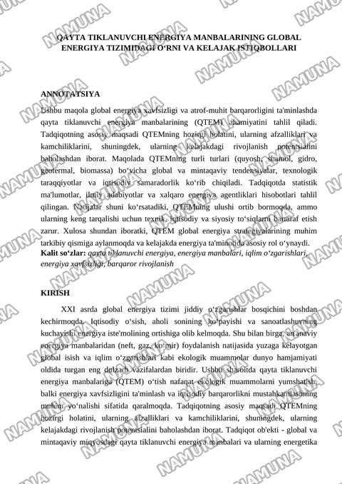 Qayta tiklanuvchi energiya manbalari — maqola