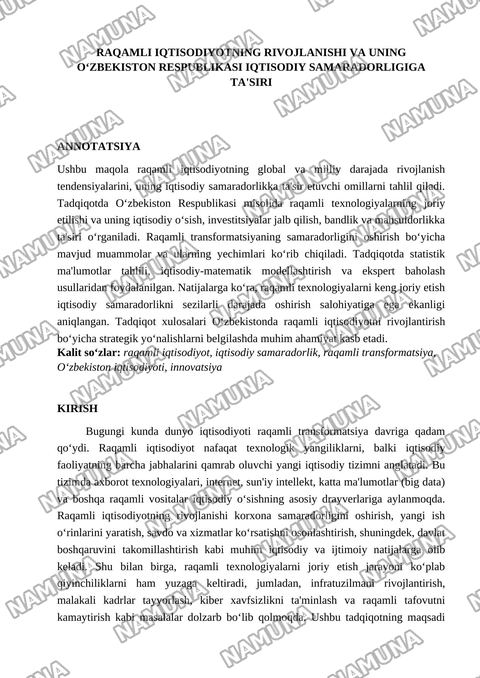 Raqamli iqtisodiyotni rivojlanishi va uning iqtisodiy samaradorlikka tasiri — maqola