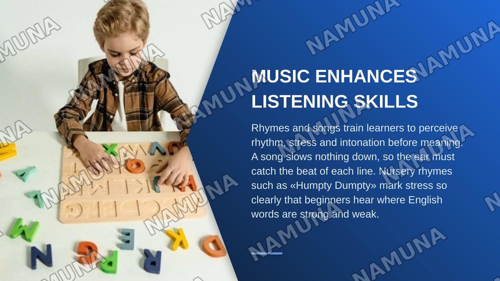Incorporating music in language learning.
What role can songs and rhymes play in developing listening, speaking, and vocabulary skills? — zamonaviy taqdimot, 4-slayd