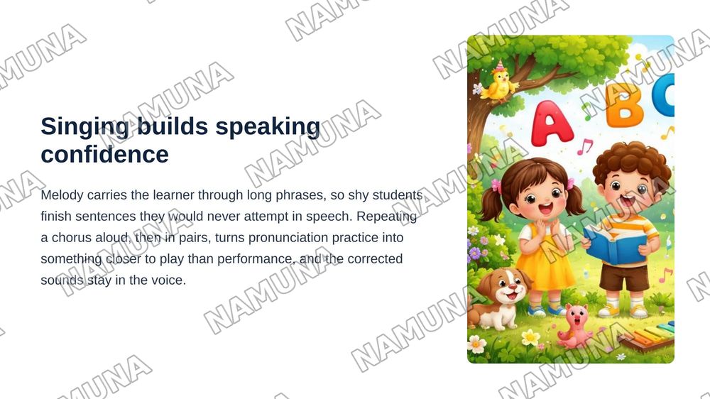 Incorporating music in language learning.
What role can songs and rhymes play in developing listening, speaking, and vocabulary skills? — zamonaviy taqdimot, 5-slayd