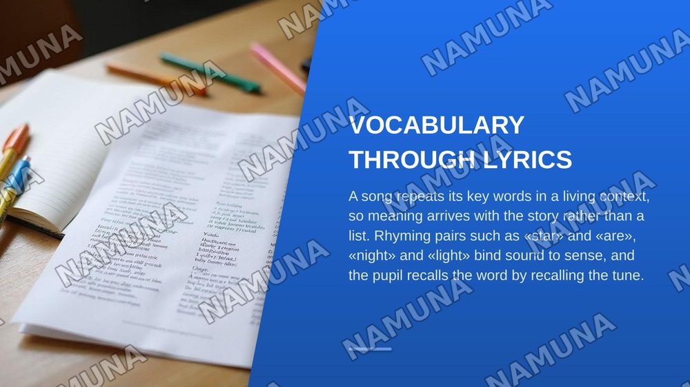 Incorporating music in language learning.
What role can songs and rhymes play in developing listening, speaking, and vocabulary skills? — zamonaviy taqdimot, 6-slayd