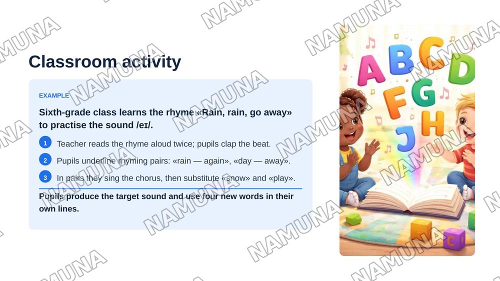 Incorporating music in language learning.
What role can songs and rhymes play in developing listening, speaking, and vocabulary skills? — zamonaviy taqdimot, 8-slayd