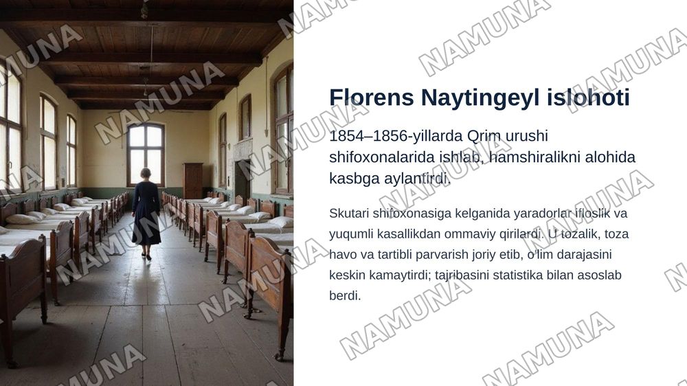 Hamshiralik ishi faniga kirish.
Hamshiralik ishining tarixi va rivojlanishi. — zamonaviy taqdimot, 5-slayd