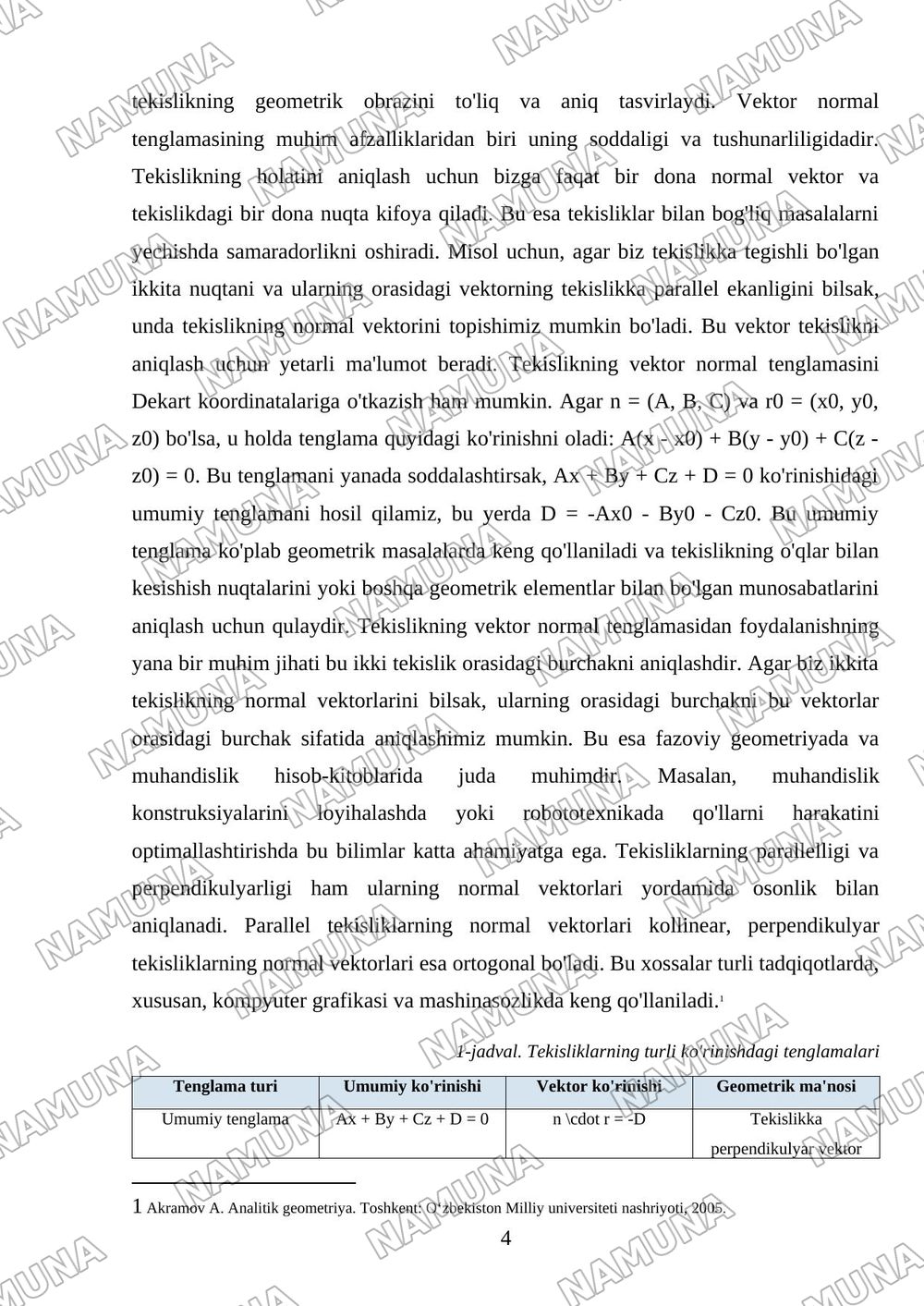 Fozado teksliklar. Vektor normal tenglamalar — mustaqil ish, 4-varaq