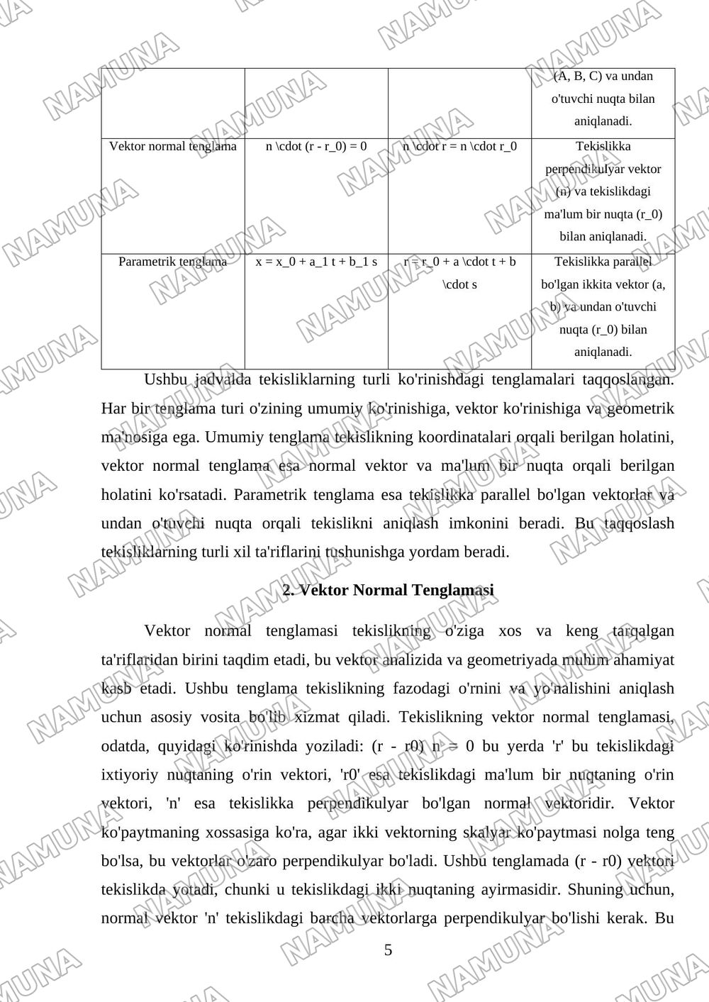Fozado teksliklar. Vektor normal tenglamalar — mustaqil ish, 5-varaq