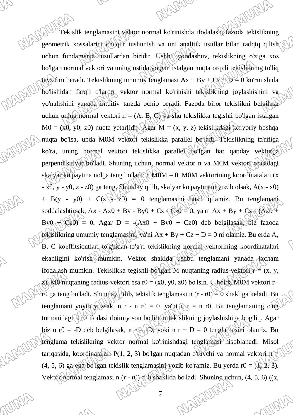 Fozado teksliklar. Vektor normal tenglamalar — mustaqil ish, 7-varaq