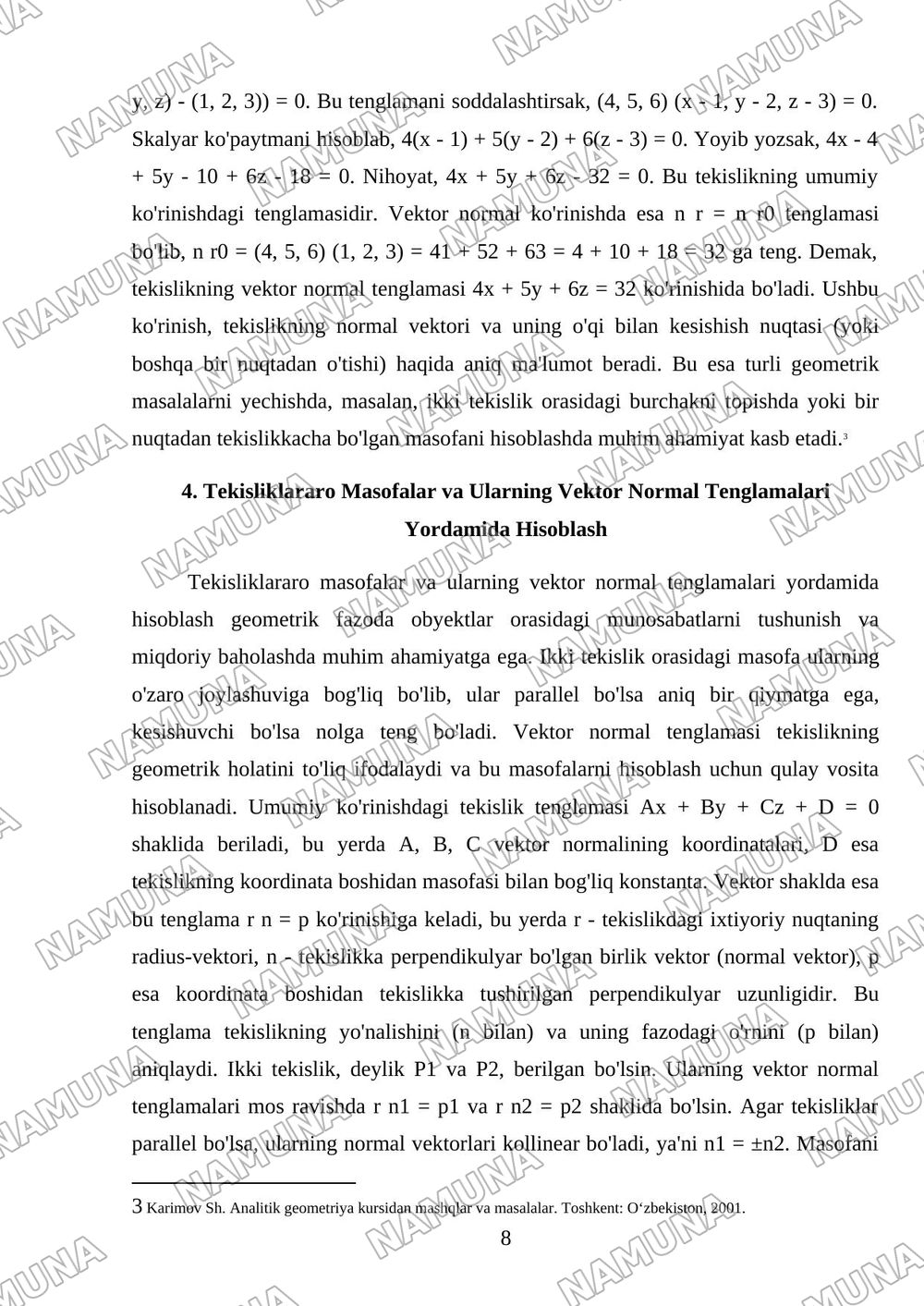 Fozado teksliklar. Vektor normal tenglamalar — mustaqil ish, 8-varaq