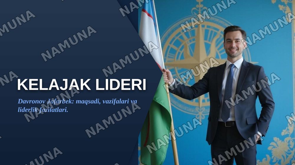 Kelajak lideri Davronov Jafarbek uchun zamonaviy slayd tayyorlang. Ko'k, oq va oltin ranglar, O'zbekiston bayrog'i va liderlik ramzlaridan foydalaning. Maqsadi, asosiy vazifalari va liderlik fazilatlarini kirill yozuvida yozing., 16:9 formatda, sifatli va chiroyli dizayn qiling. — zamonaviy taqdimot, 1-slayd