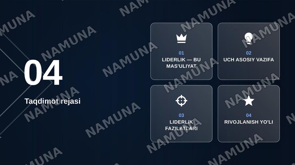 Kelajak lideri Davronov Jafarbek uchun zamonaviy slayd tayyorlang. Ko'k, oq va oltin ranglar, O'zbekiston bayrog'i va liderlik ramzlaridan foydalaning. Maqsadi, asosiy vazifalari va liderlik fazilatlarini kirill yozuvida yozing., 16:9 formatda, sifatli va chiroyli dizayn qiling. — zamonaviy taqdimot, 2-slayd