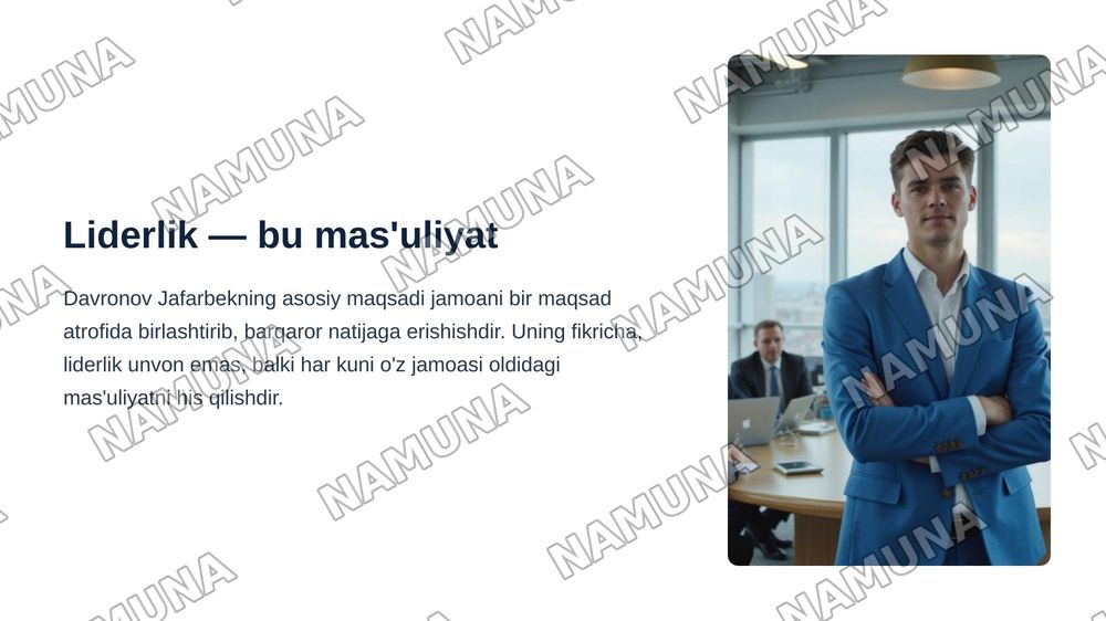Kelajak lideri Davronov Jafarbek uchun zamonaviy slayd tayyorlang. Ko'k, oq va oltin ranglar, O'zbekiston bayrog'i va liderlik ramzlaridan foydalaning. Maqsadi, asosiy vazifalari va liderlik fazilatlarini kirill yozuvida yozing., 16:9 formatda, sifatli va chiroyli dizayn qiling. — zamonaviy taqdimot, 3-slayd