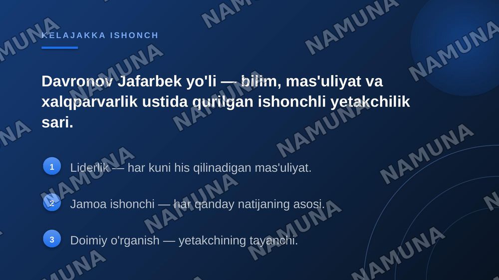 Kelajak lideri Davronov Jafarbek uchun zamonaviy slayd tayyorlang. Ko'k, oq va oltin ranglar, O'zbekiston bayrog'i va liderlik ramzlaridan foydalaning. Maqsadi, asosiy vazifalari va liderlik fazilatlarini kirill yozuvida yozing., 16:9 formatda, sifatli va chiroyli dizayn qiling. — zamonaviy taqdimot, 7-slayd