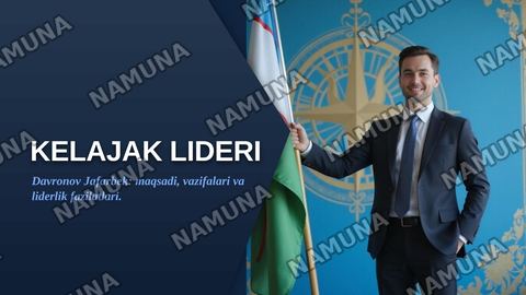 Kelajak lideri Davronov Jafarbek uchun zamonaviy slayd tayyorlang. Ko'k, oq va oltin ranglar, O'zbekiston bayrog'i va liderlik ramzlaridan foydalaning. Maqsadi, asosiy vazifalari va liderlik fazilatlarini kirill yozuvida yozing., 16:9 formatda, sifatli va chiroyli dizayn qiling. — zamonaviy taqdimot