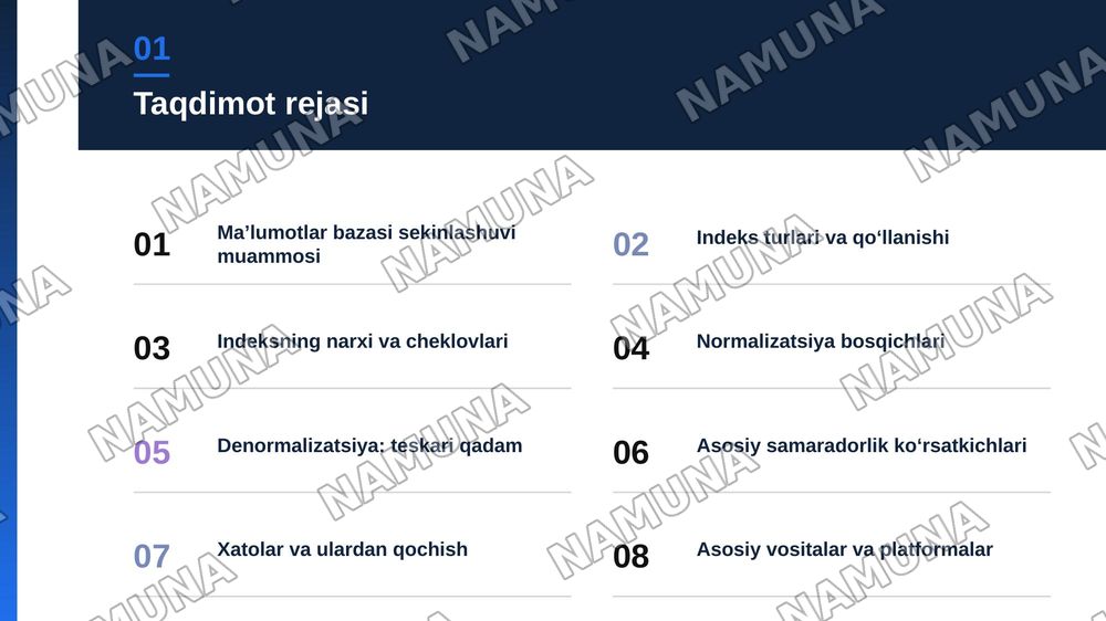 Maʼlumotlar bazasini optimallashtirish usullari indexsing normalizasion — zamonaviy taqdimot, 2-slayd