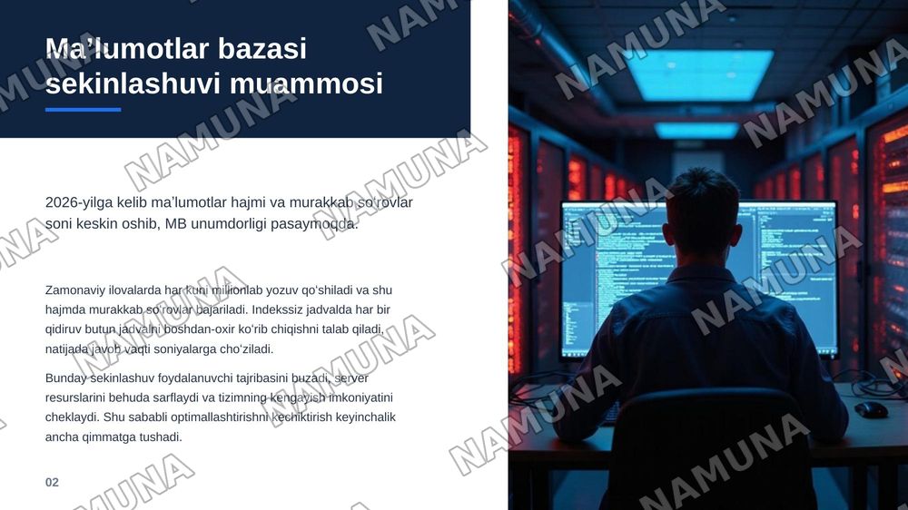 Maʼlumotlar bazasini optimallashtirish usullari indexsing normalizasion — zamonaviy taqdimot, 3-slayd