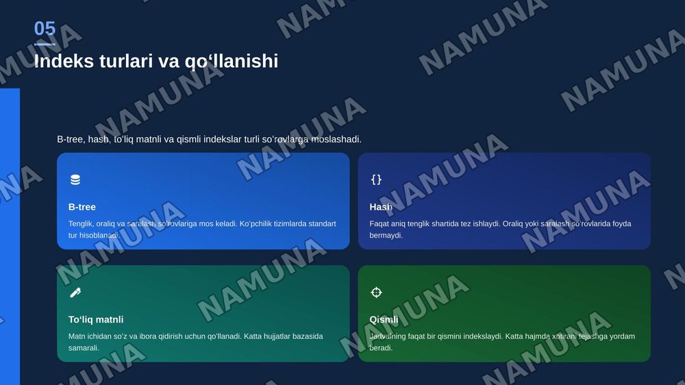 Maʼlumotlar bazasini optimallashtirish usullari indexsing normalizasion — zamonaviy taqdimot, 6-slayd