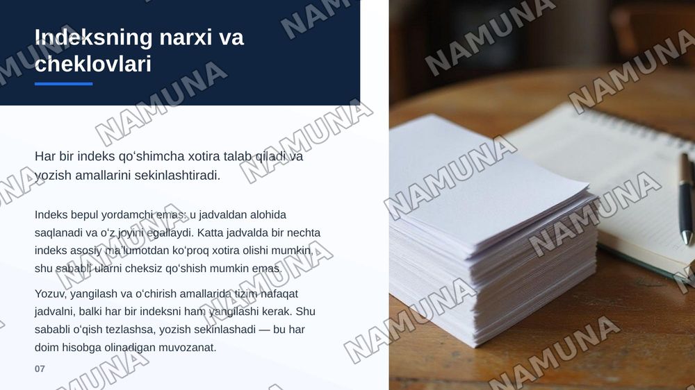 Maʼlumotlar bazasini optimallashtirish usullari indexsing normalizasion — zamonaviy taqdimot, 8-slayd
