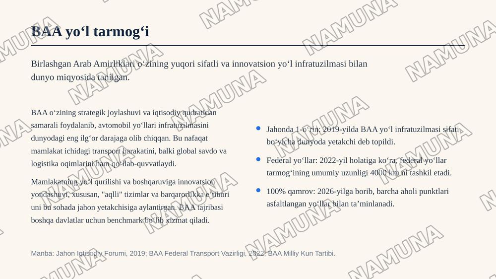 Oʻzbekiston va birlashgan arab amirliklari avtomobil yoʻllari — zamonaviy taqdimot, 7-slayd