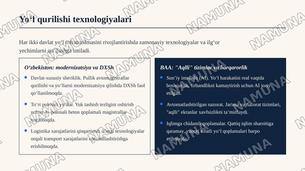 Oʻzbekiston va birlashgan arab amirliklari avtomobil yoʻllari — zamonaviy taqdimot, 8-slayd