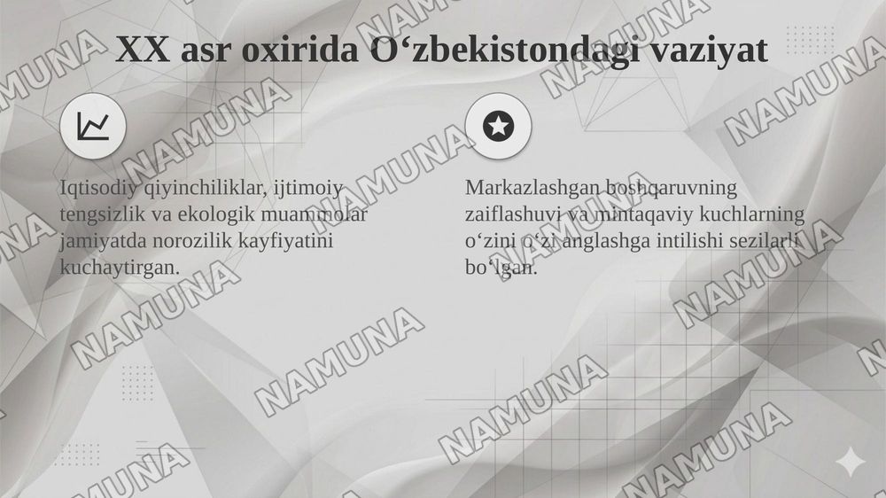 MUSTAQILLIKKA ERISHISH ARAFASIDA O‘ZBEKISTONDAGI IJTIMOIY-SIYOSIY JARAYONLAR. — taqdimot, 4-slayd