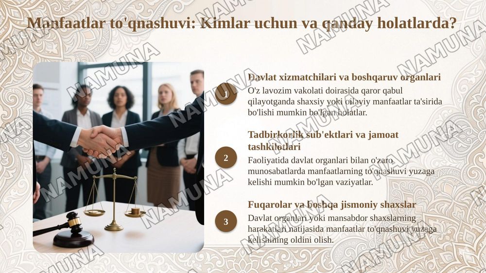 Korrupsiya qarshi kurash va Oʻzbekiston Respublikasining 05.06.2024-yildagi OʻRQ-931 sonli “Manfaatlar toʻqnashuvi” toʻgʻrisidagi qonuniga asosan manfaatlar toʻqnashuvini oldini olishga qaratilgan qonunchilikdagi oʻzgarishlarni ishchi-xodimlar orasida keng targʻib qilish toʻgʻrisida. — taqdimot, 6-slayd