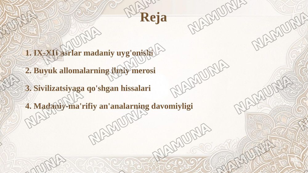 IX-XII asrlarda mamlakatimiz hududida ro’y bergan madaniy
uyg’onish (Renessans).Buyuk allomalarning jahon sivilizatsiyasiga
qo’shgan hissasi. — taqdimot, 2-slayd