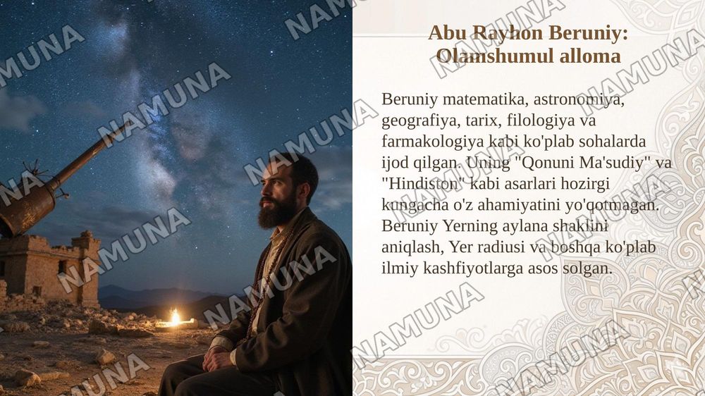 IX-XII asrlarda mamlakatimiz hududida ro’y bergan madaniy
uyg’onish (Renessans).Buyuk allomalarning jahon sivilizatsiyasiga
qo’shgan hissasi. — taqdimot, 6-slayd