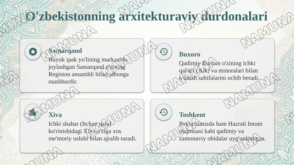 Milliy qadriyatlarimiz namunasi. Koʼxna va betakror obidalar. — taqdimot, 4-slayd