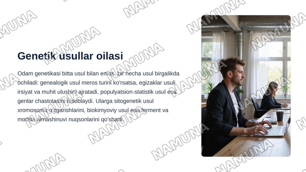 Odam genetikasining o'rganish usullari: genealogik, va egizaklar usuli, populyasion statistic. Genetik usullar — zamonaviy taqdimot, 4-slayd