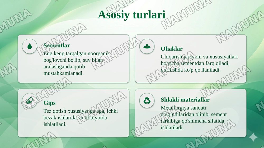 Noorganik (mineral) bog‘lovchi materiallar va ularning xususiyatlari. — taqdimot, 4-slayd