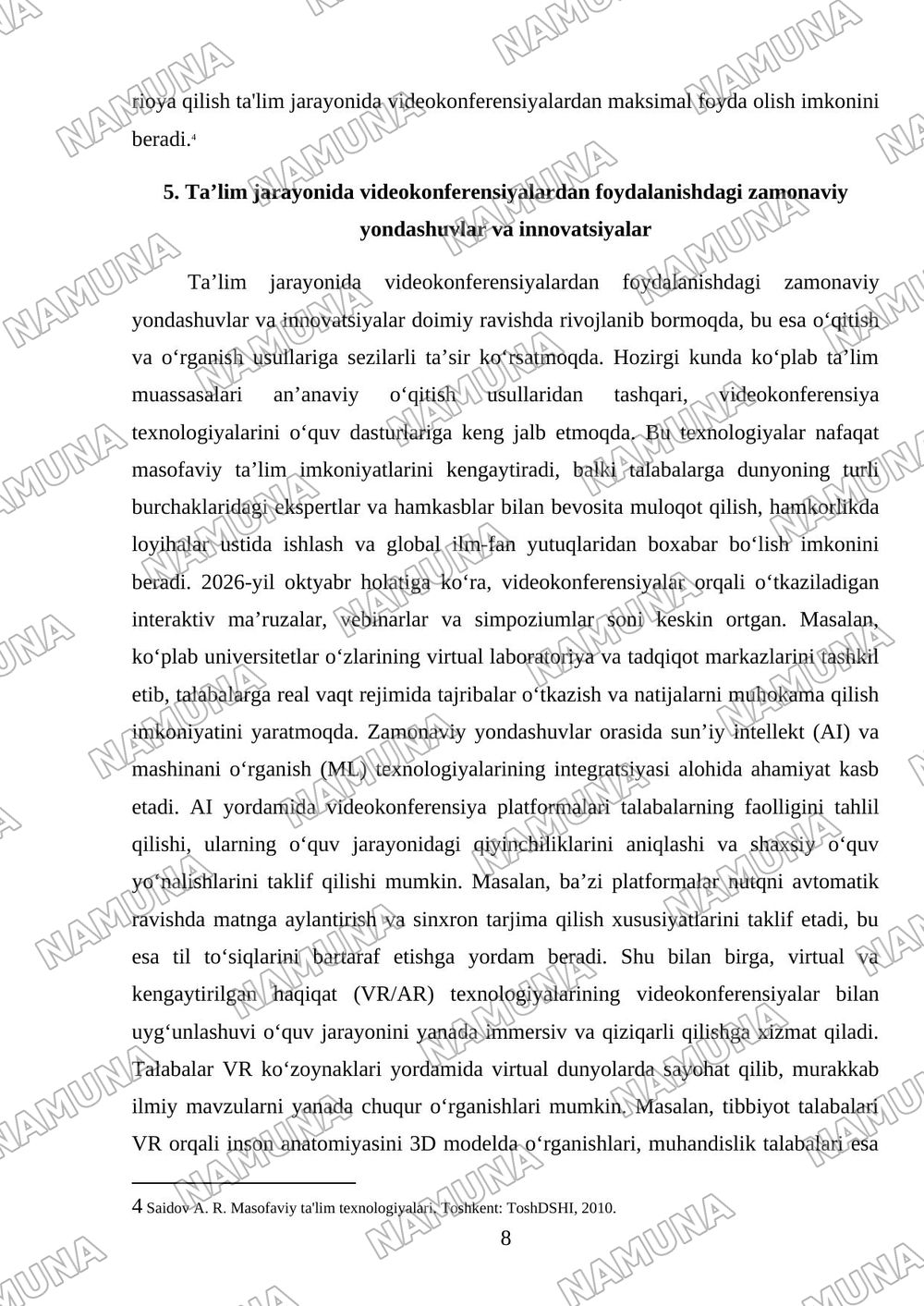 Ta’lim jarayonida videokonferensiyalar — mustaqil ish, 8-varaq