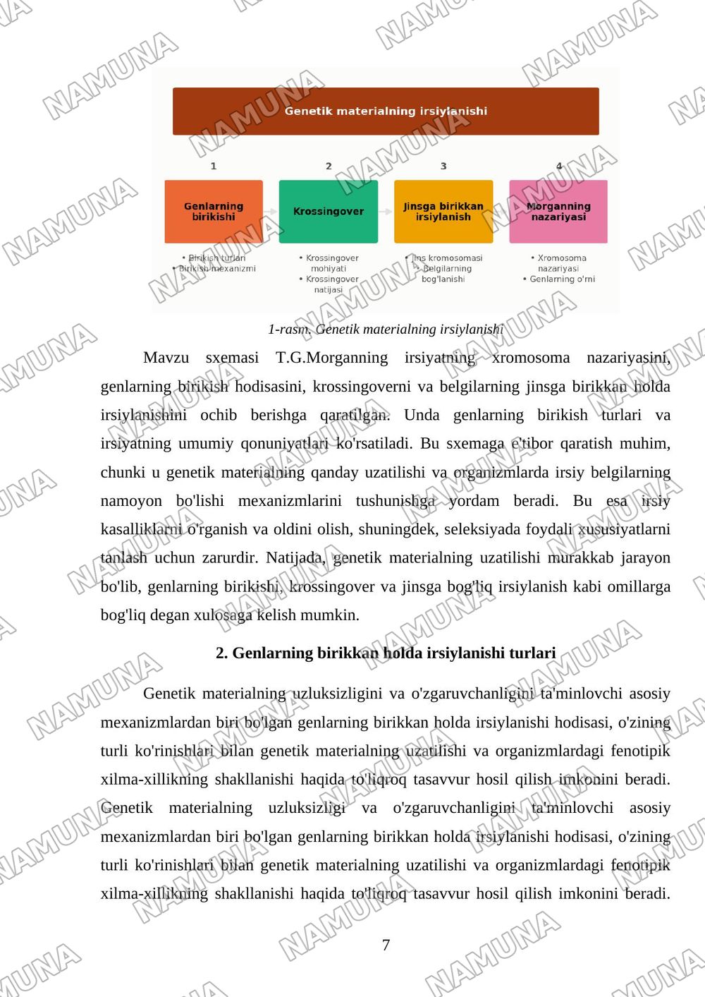 T.G.Morganning irsiyatning xromosoma nazariyasi, Genlaming birikish hodisasi, krossingover. Belgilarning jinsga birikkan holda irsiylanishi Mavzu rejasi: 1. Genlarning birikishi xillari. 2. Irsiya — mustaqil ish, 7-varaq