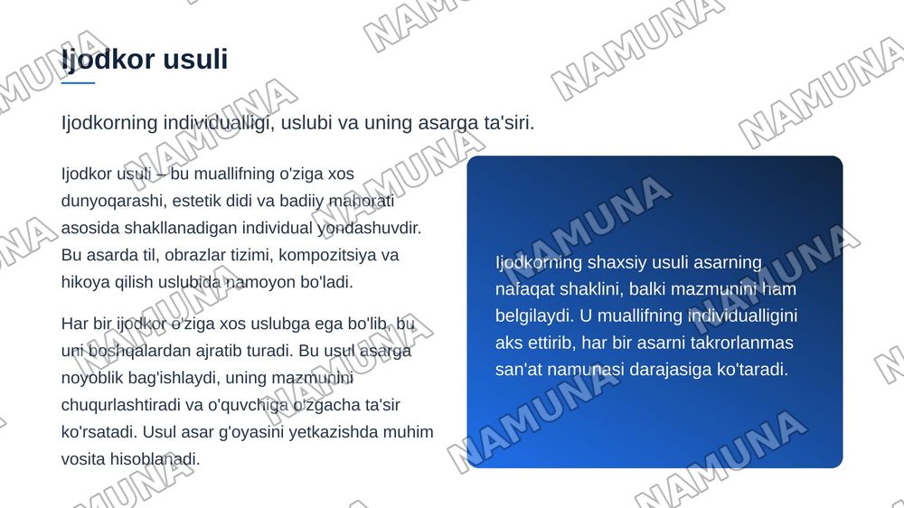 Ijodiy metod va ijodkor usuli (asar matinini taxlil qilish). — zamonaviy taqdimot, 5-slayd