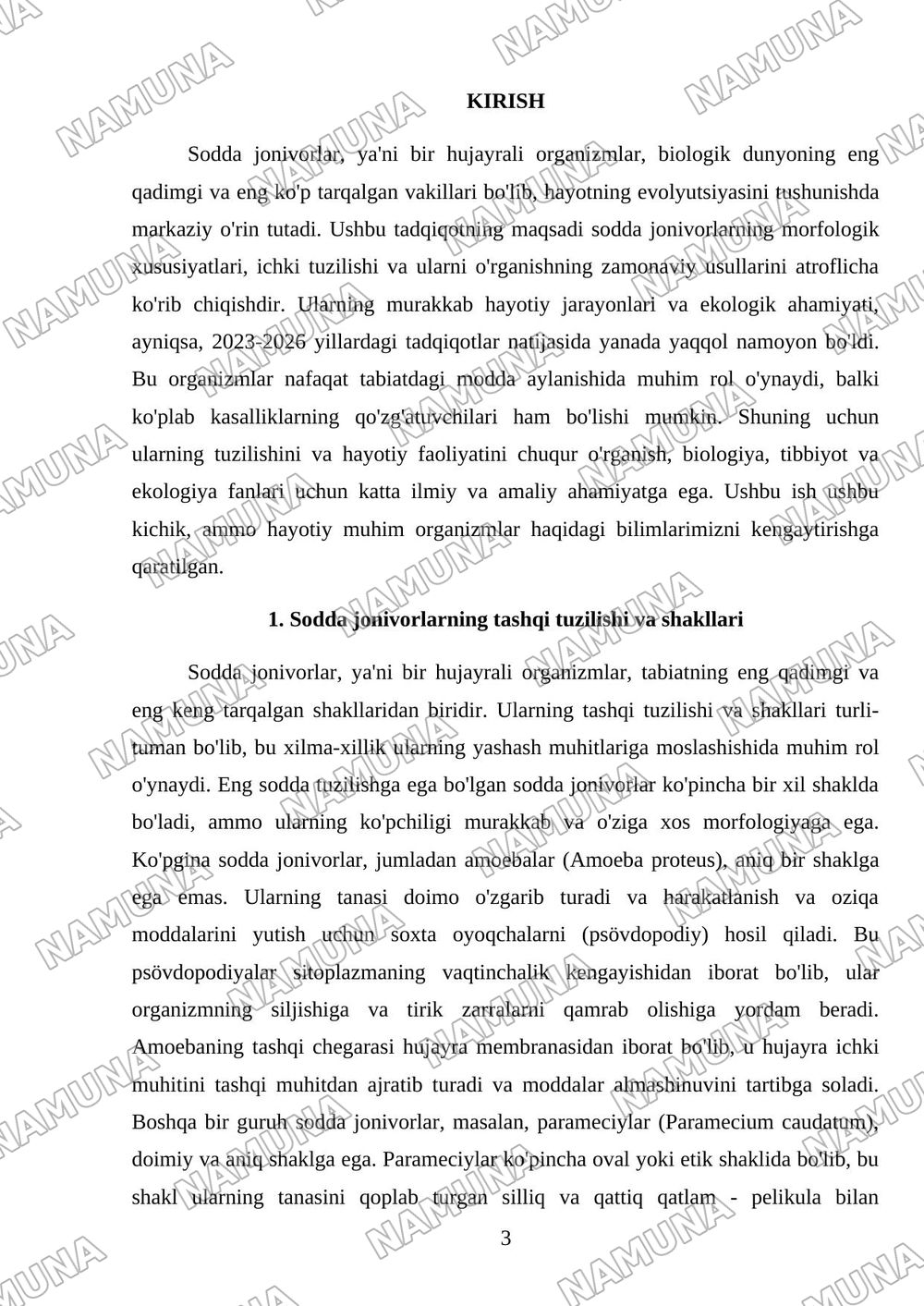 Sodda jonivorlar. Ularning morfologiyasi, strukturasi va ularni o’rganish usullari. — mustaqil ish, 3-varaq