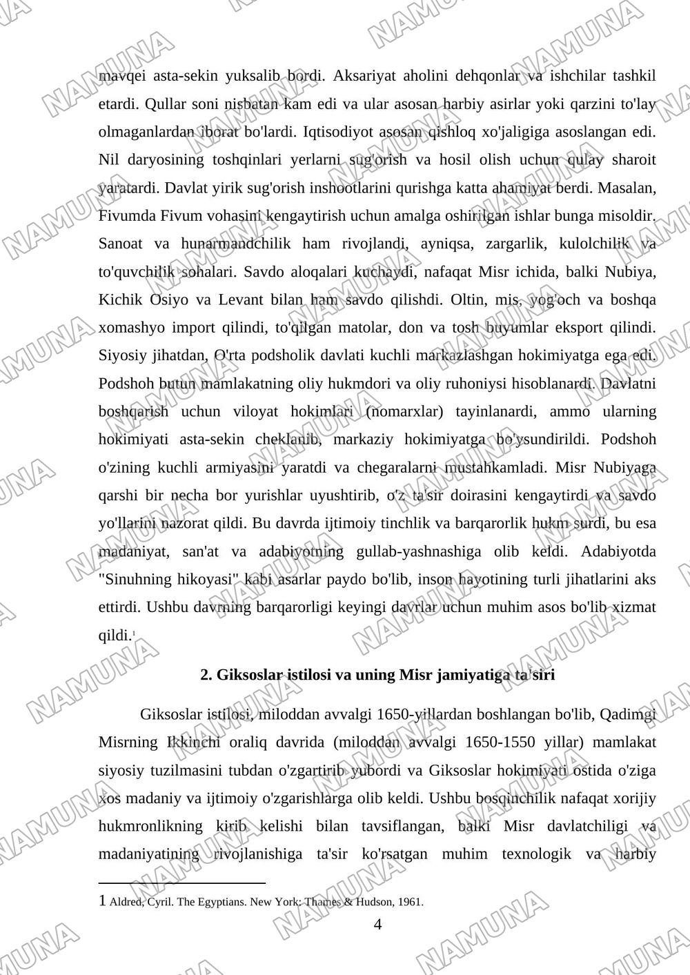 O'rta podsholik va Misr giksoslar hukmronligi davrida Qadimgi Misr — mustaqil ish, 4-varaq