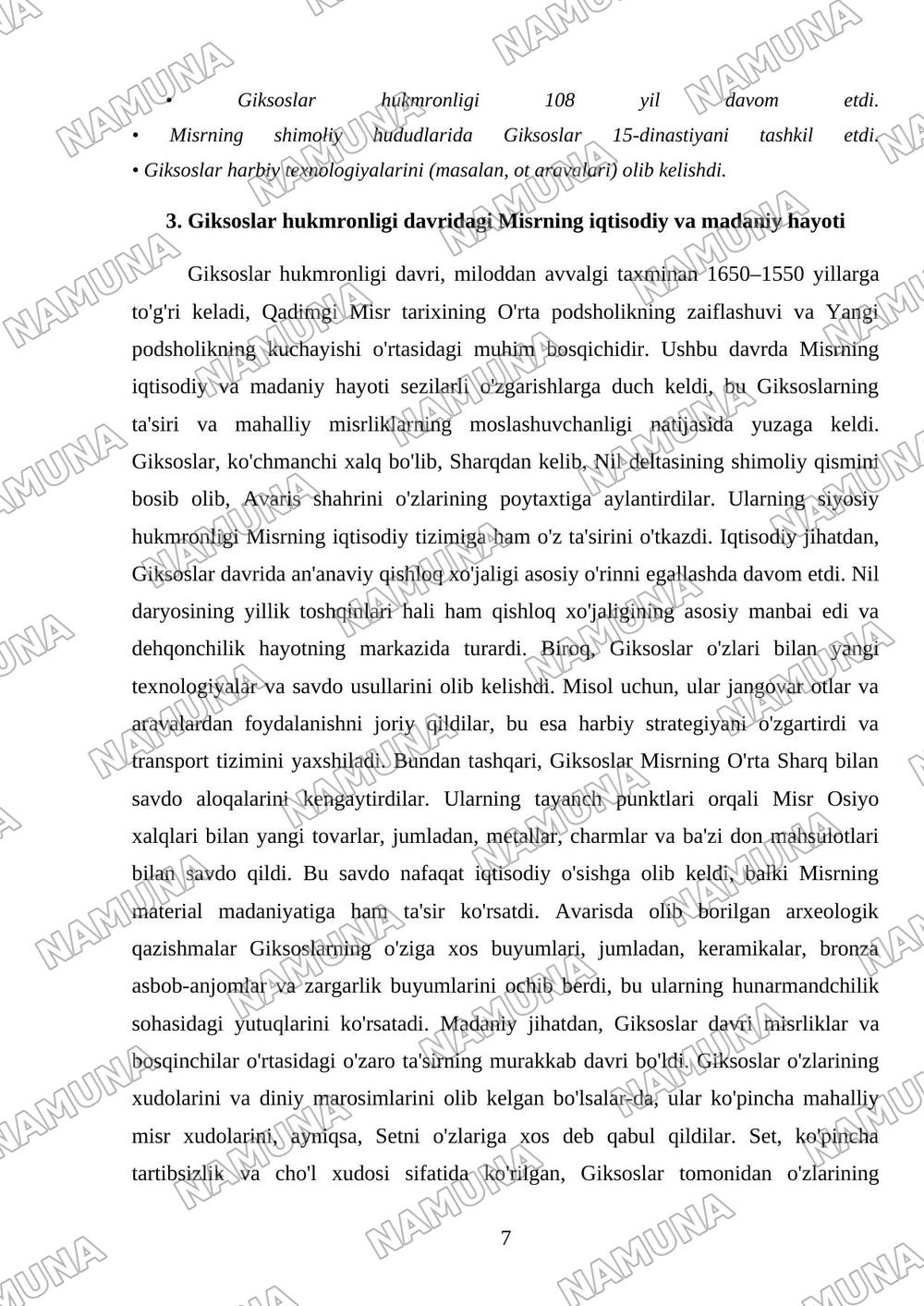 O'rta podsholik va Misr giksoslar hukmronligi davrida Qadimgi Misr — mustaqil ish, 7-varaq