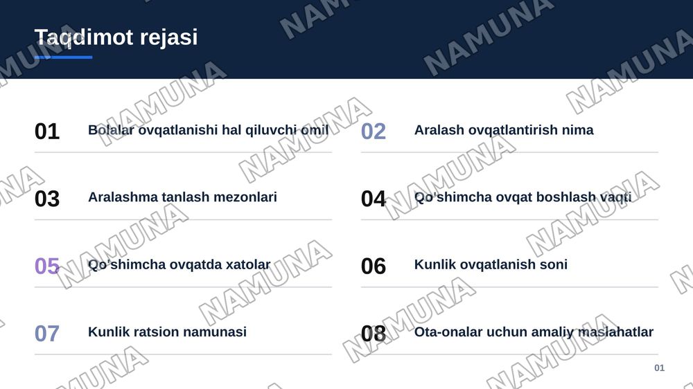 Aralash va sun'iy ovqatlantrish
Reja:
1.Onaga maslaxat berish
2.Qo'shimcha ovqatlantrish
3.Bir yoshdan ikki yoshgacha bolalarni ovqatlantrish.
4.Ovqatlanish ratsionini tuzish — zamonaviy taqdimot, 2-slayd