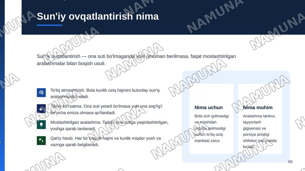 Aralash va sun'iy ovqatlantrish
Reja:
1.Onaga maslaxat berish
2.Qo'shimcha ovqatlantrish
3.Bir yoshdan ikki yoshgacha bolalarni ovqatlantrish.
4.Ovqatlanish ratsionini tuzish — zamonaviy taqdimot, 7-slayd