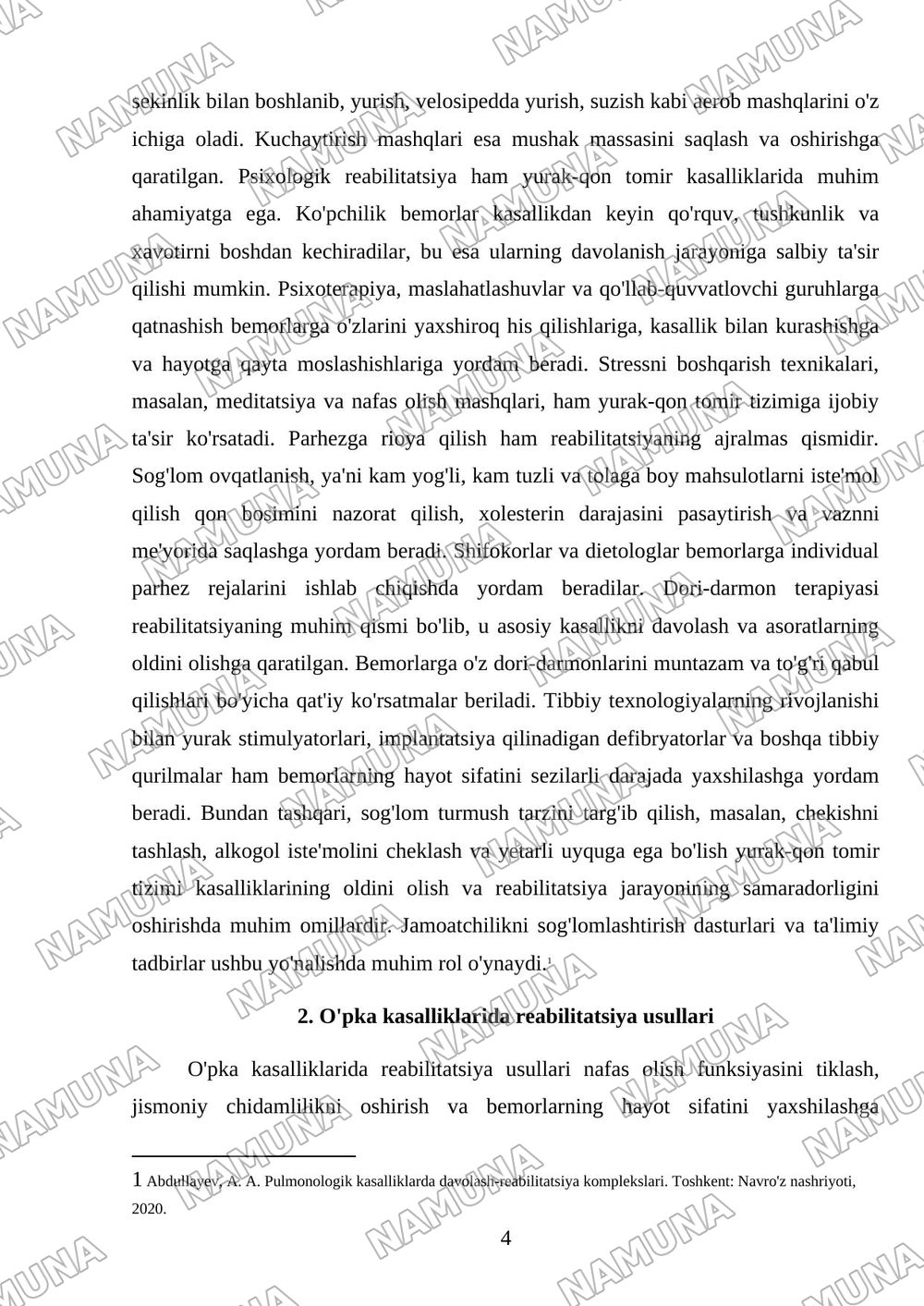 Kardiologiya, pulmonologiyada reabilitatsiya usullari. — referat, 4-varaq