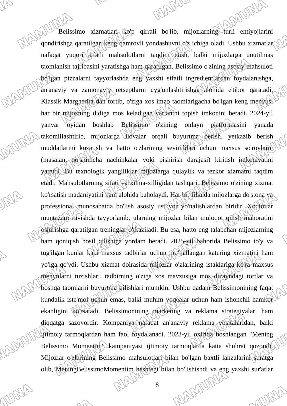 Belissimo tarixi Reja 1. Belissimo Pizza haqida umumiy ma’lumot 2. Tashkil topishi va rivojlanishi 3. Mahsulotlari 4. Xizmat ko‘rsatish 5. Marketing va reklama 6. Mijozlar bilan ishlash 7. O‘zbekiston — mustaqil ish, 8-varaq