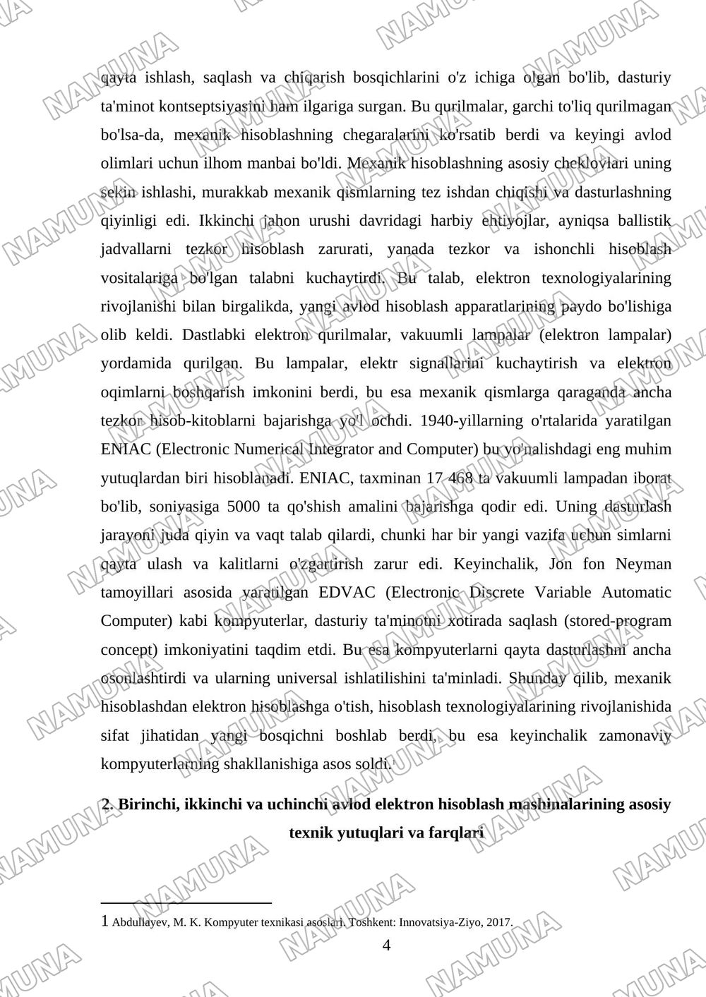 Eletron hisoblash mashinalarining rivojlanish bosqichlari — mustaqil ish, 4-varaq