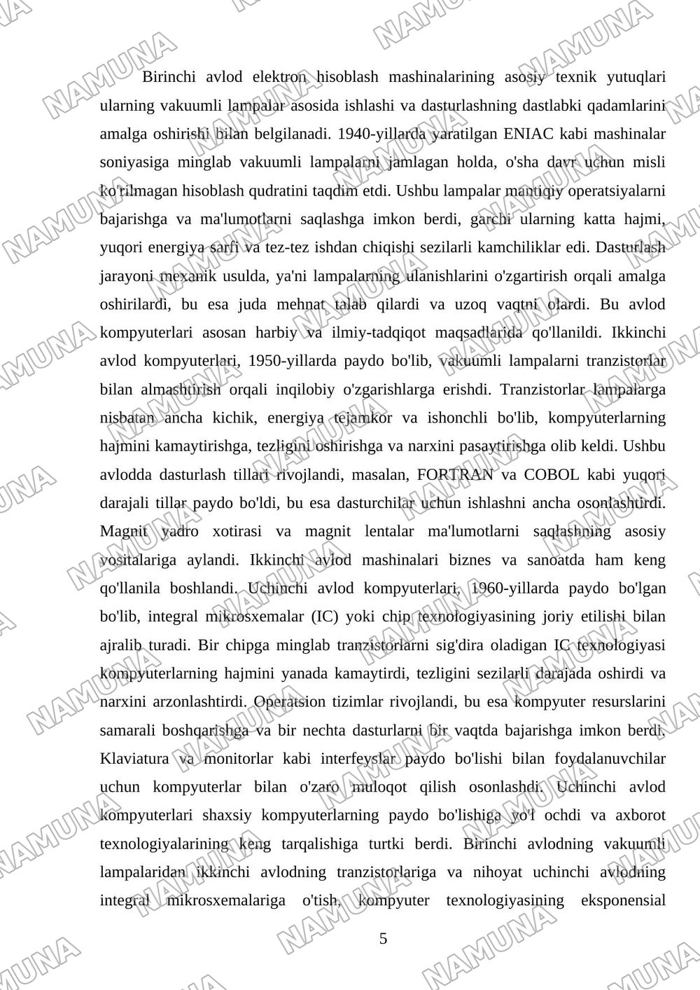 Eletron hisoblash mashinalarining rivojlanish bosqichlari — mustaqil ish, 5-varaq