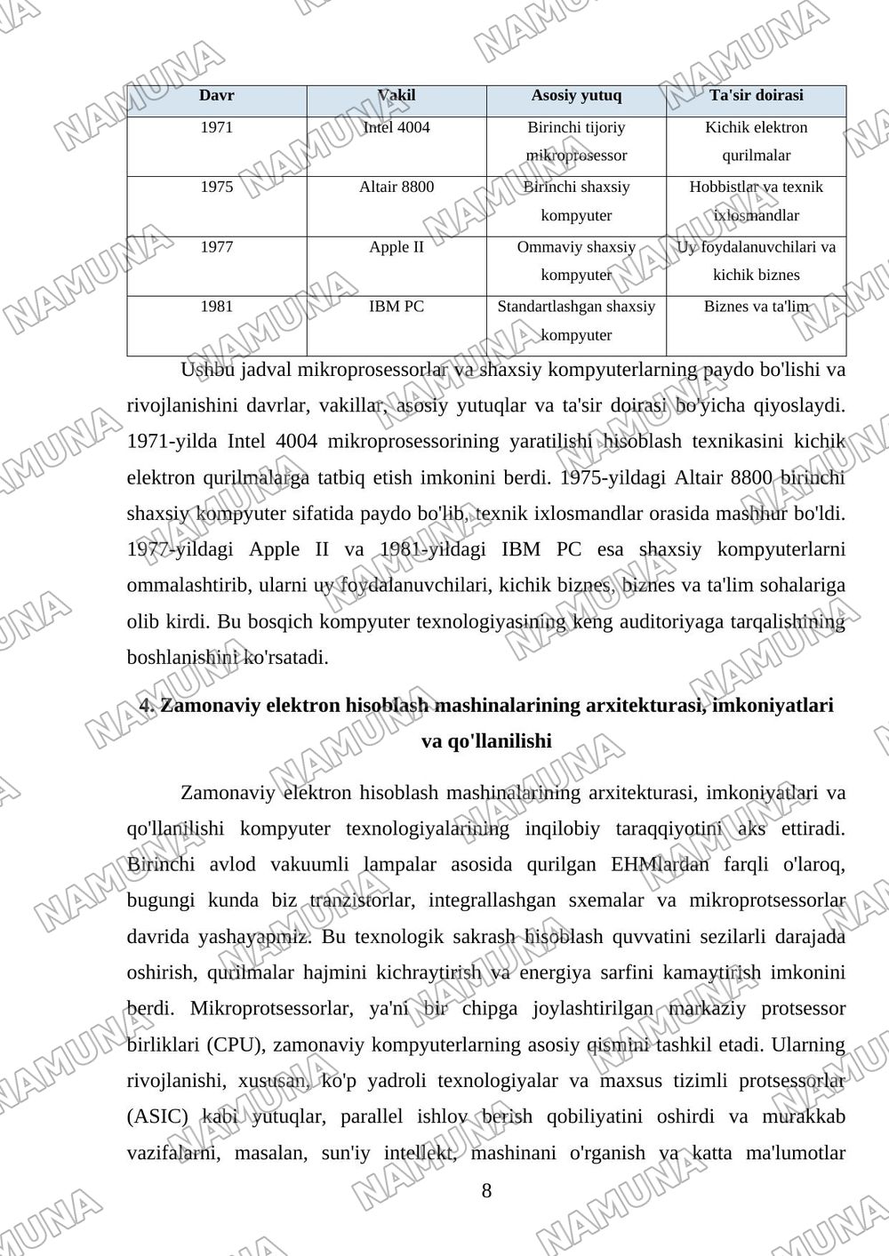 Eletron hisoblash mashinalarining rivojlanish bosqichlari — mustaqil ish, 8-varaq