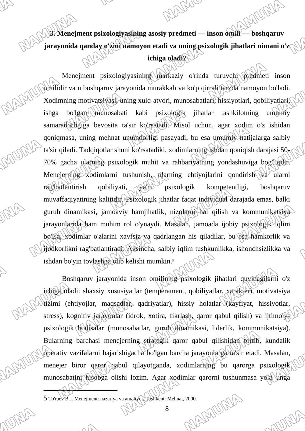 Kirish. Menejment psixologiyasi fanining predmeti va vazifalari. — mustaqil ish, 8-varaq