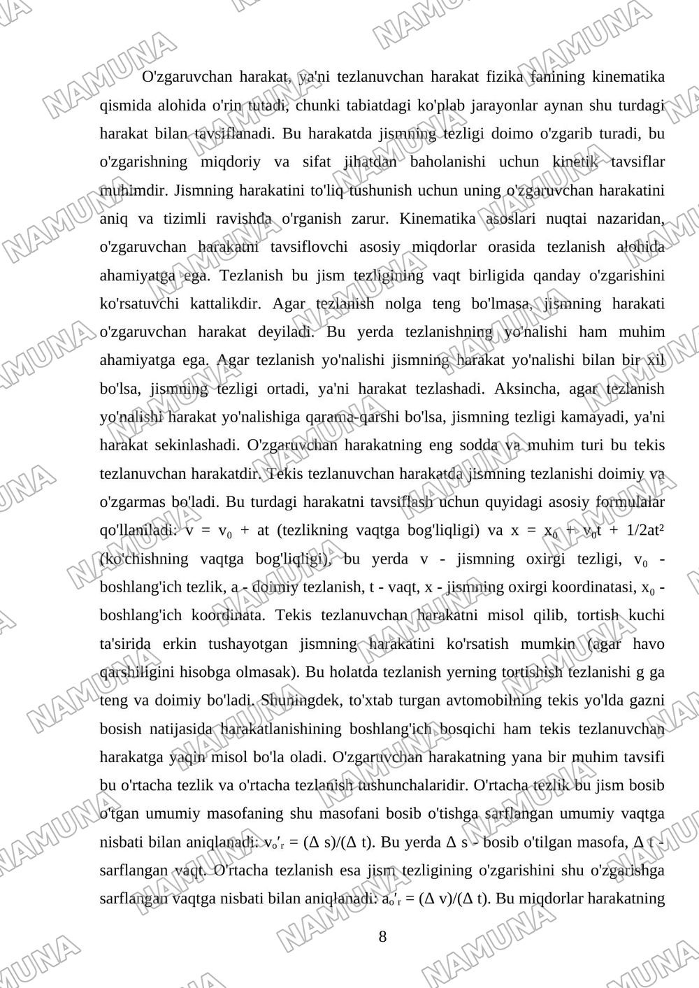 Fizika fanining predmeti. Kinematika asoslari — mustaqil ish, 8-varaq