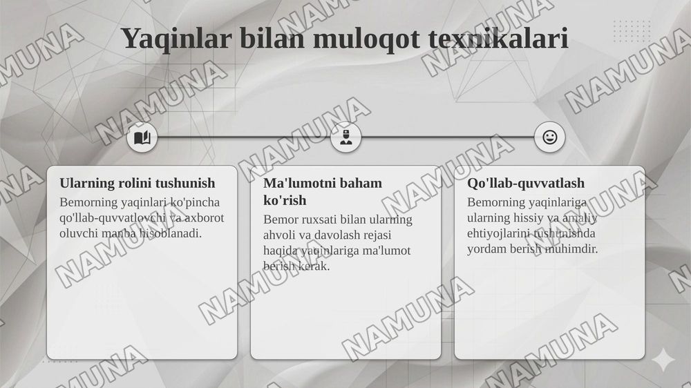 Samarali muloqot o'rnatishning asosiy texnikasi 
Shifokor, hamshira,bemor va uning yaqinlari o'rtasida — taqdimot, 8-slayd