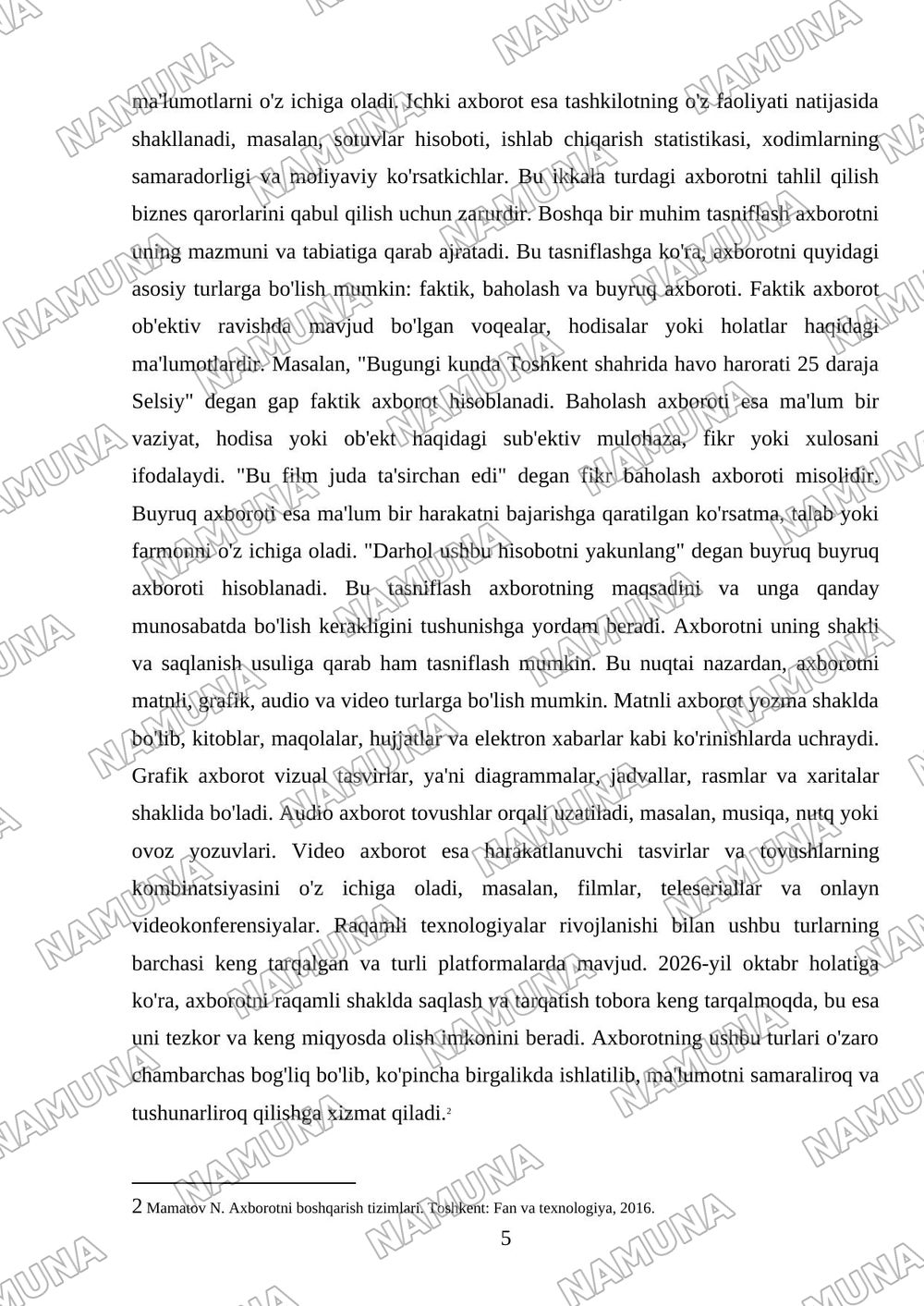 Axborot va uning asosiy turlari — mustaqil ish, 5-varaq