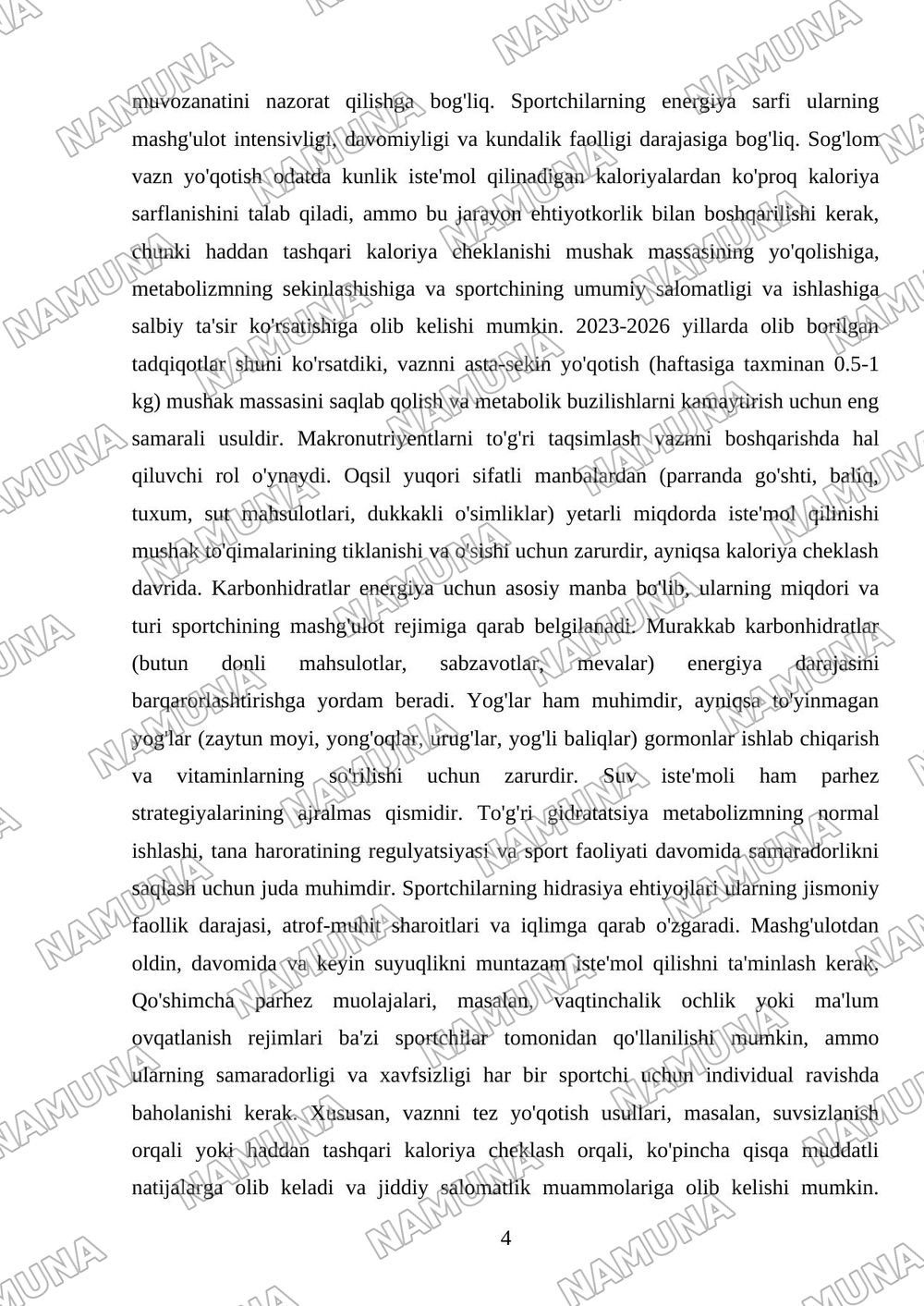 Sportda tana vaznini to'g'rilash uchun parhez muolajalaridan foydalanish — mustaqil ish, 4-varaq