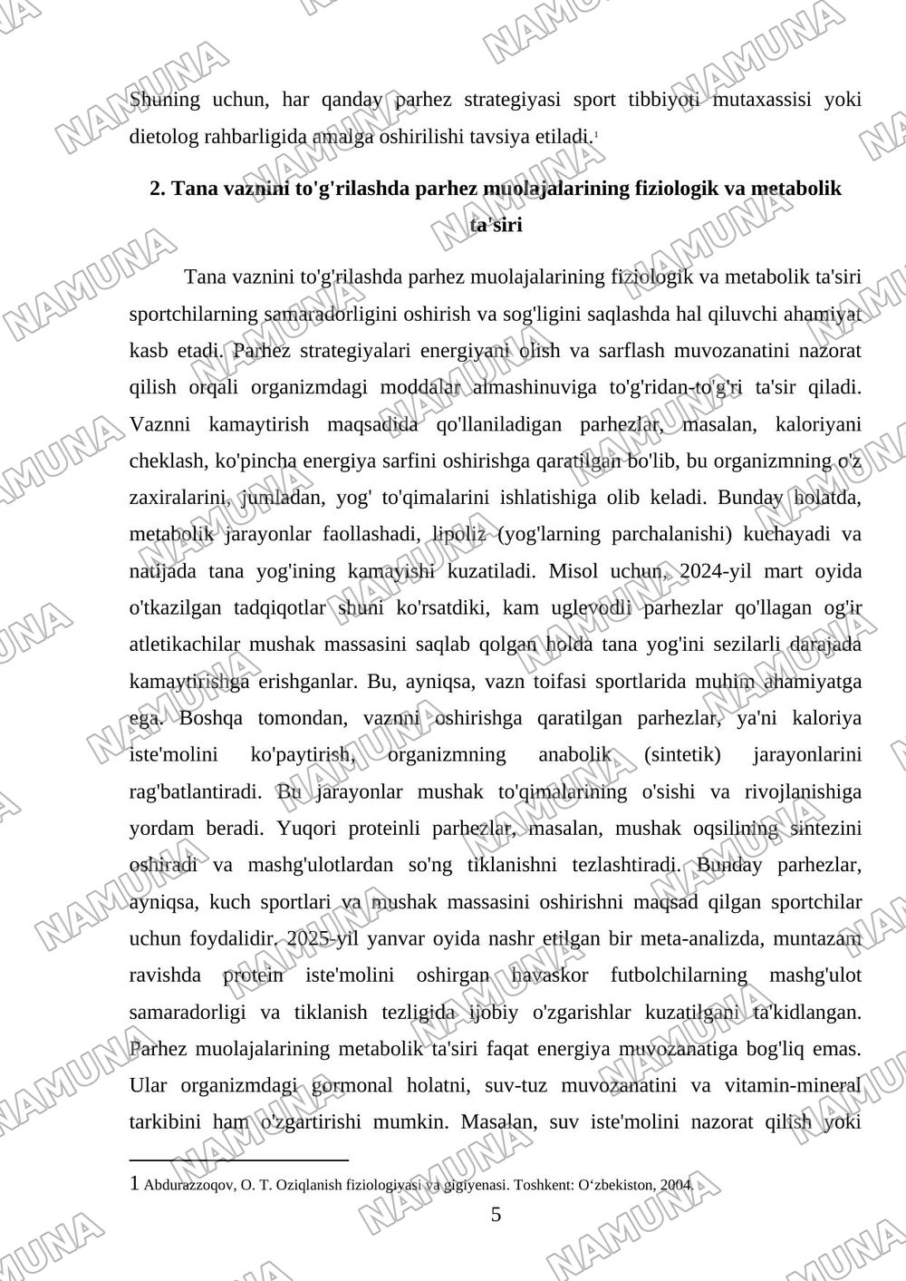 Sportda tana vaznini to'g'rilash uchun parhez muolajalaridan foydalanish — mustaqil ish, 5-varaq